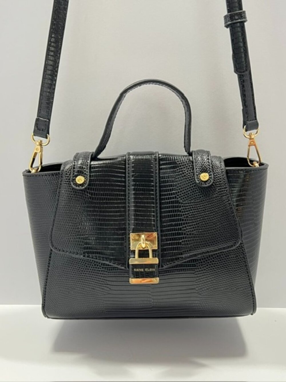 ANNE KLEIN FAUX LEATHER LIZARD EMBOSSED CROSSBODY MINI SATCHEL WITH LOCK BLACK
